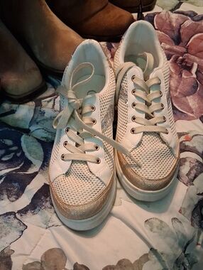 Cato White and Gold Mesh Lace-Up Women's Sneakers